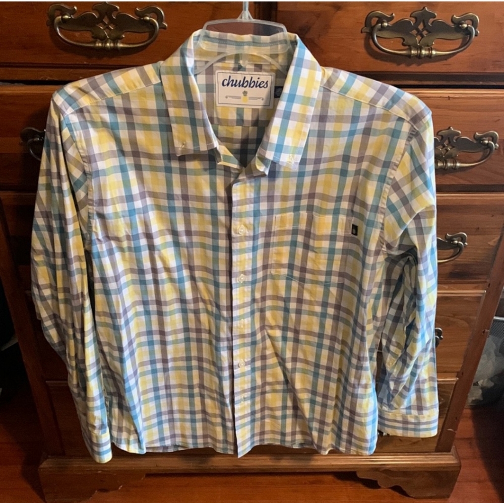 Men's Chubbies Button Down Shirt, Yellow Blue Checkered, Size Large
